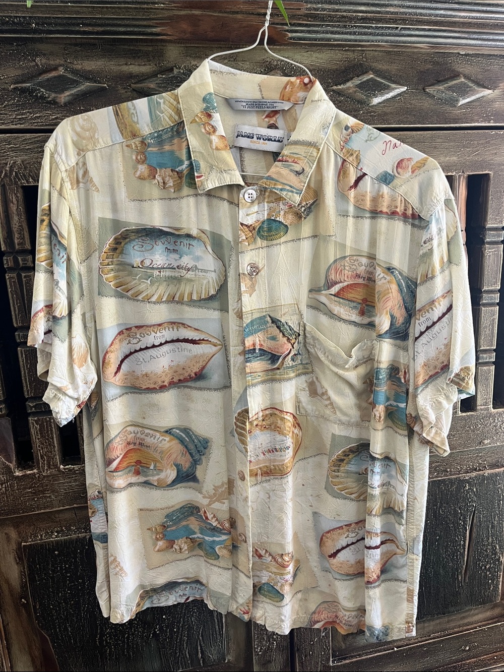 Jams World Cream Short-Sleeve Seashell Print Button-Up with Blue & Tan Accents
